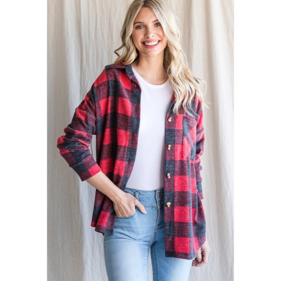 SOLD OUT Red Checker Plaid Buffalo Print Button Down Long Sleeve Casual Top - Picture 2 of 5